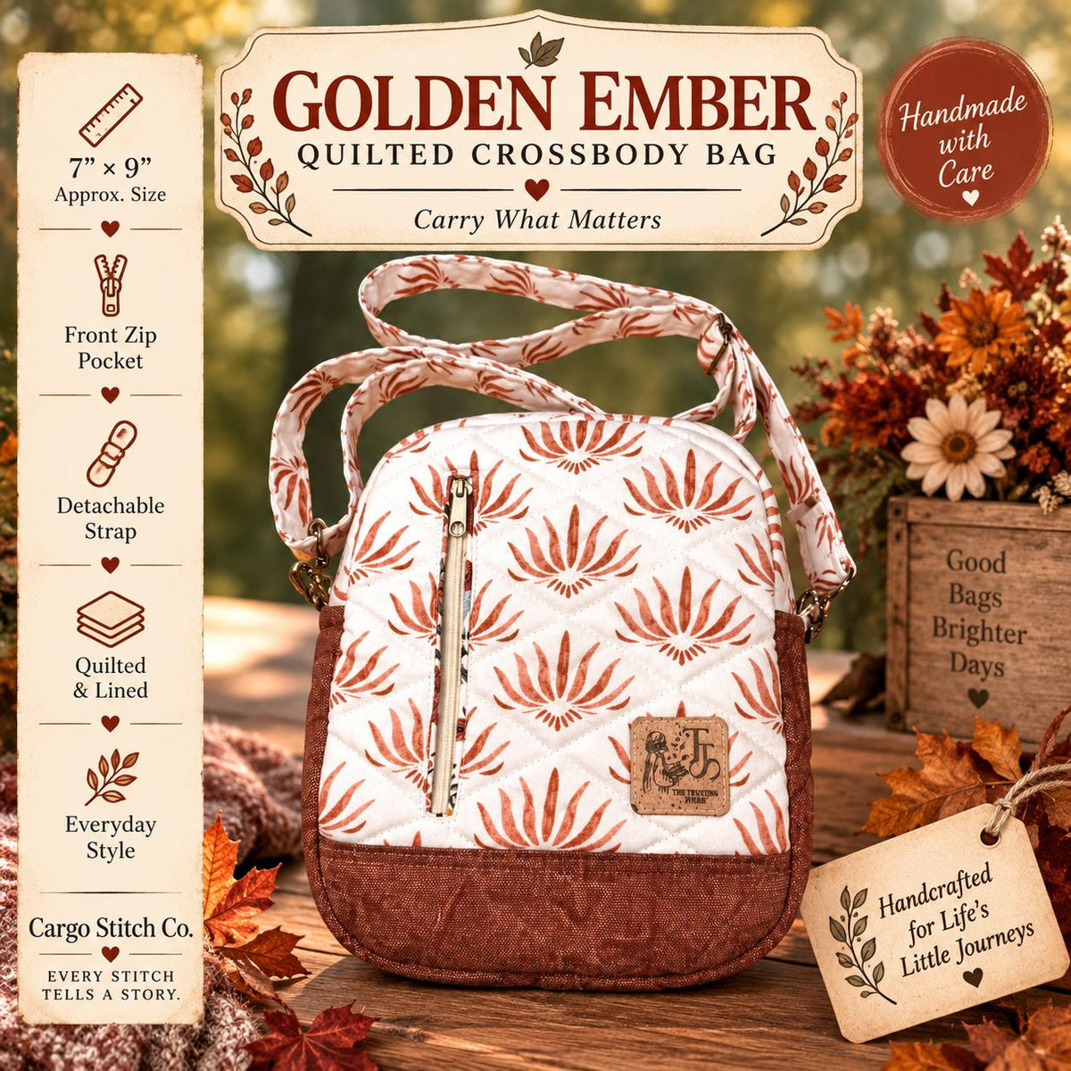 Golden Ember Quilted Crossbody Bag | Handmade Floral Shoulder Bag | Small Zipper Purse | Autumn Everyday Bag