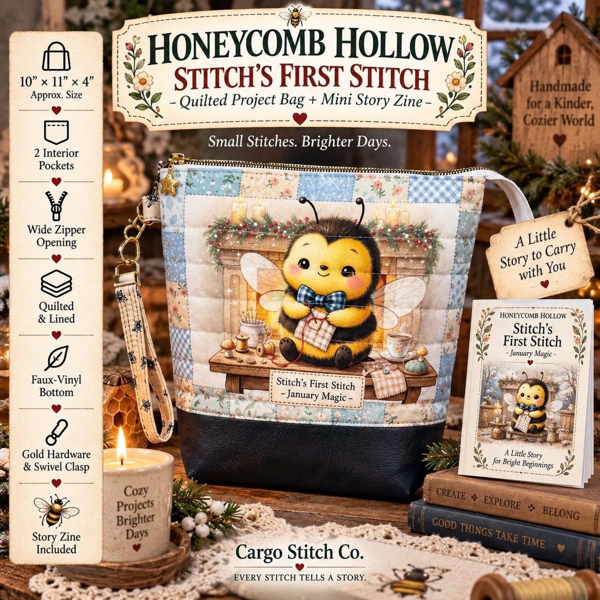 Honeycomb Hollow Quilted Project Bag | XL Bee Zipper Pouch | Journal Craft Bag | Story Zine Included
