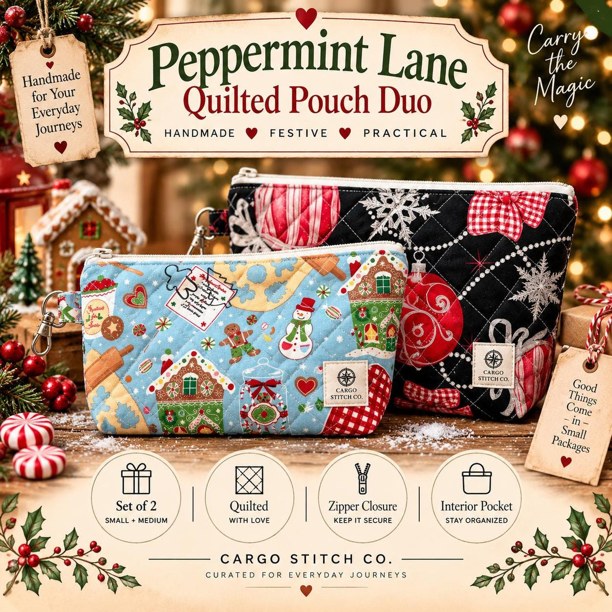 Christmas Zipper Pouch Set of 2 | Quilted Makeup & Organizer Bags | Peppermint Lane Holiday Gift