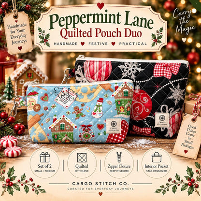 Christmas Zipper Pouch Set of 2 | Quilted Makeup & Organizer Bags | Peppermint Lane Holiday Gift