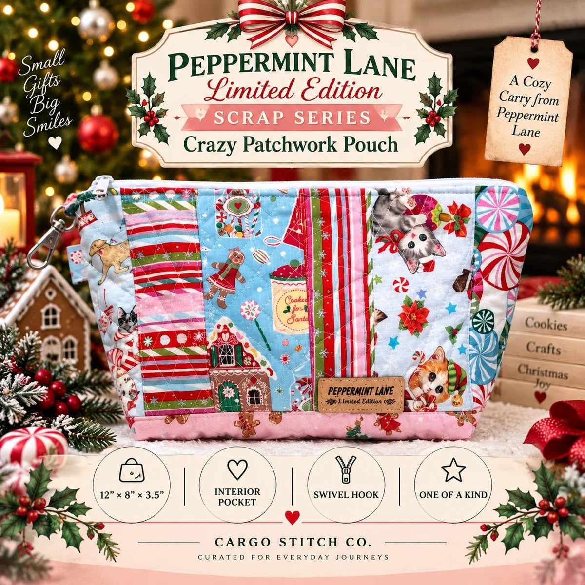 Peppermint Lane Crazy Patchwork Pouch | Large Quilted Zipper Bag | Christmas Makeup Cosmetic Bag | Limited Edition Scrap Series