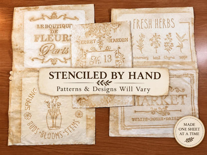 Hand Dyed Coffee Junk Journal Paper, Tea-Stained Paper, Stenciled, Mottled, Vintage Craft Ephemera, Bulk Paper Packs 5-500 Sheets