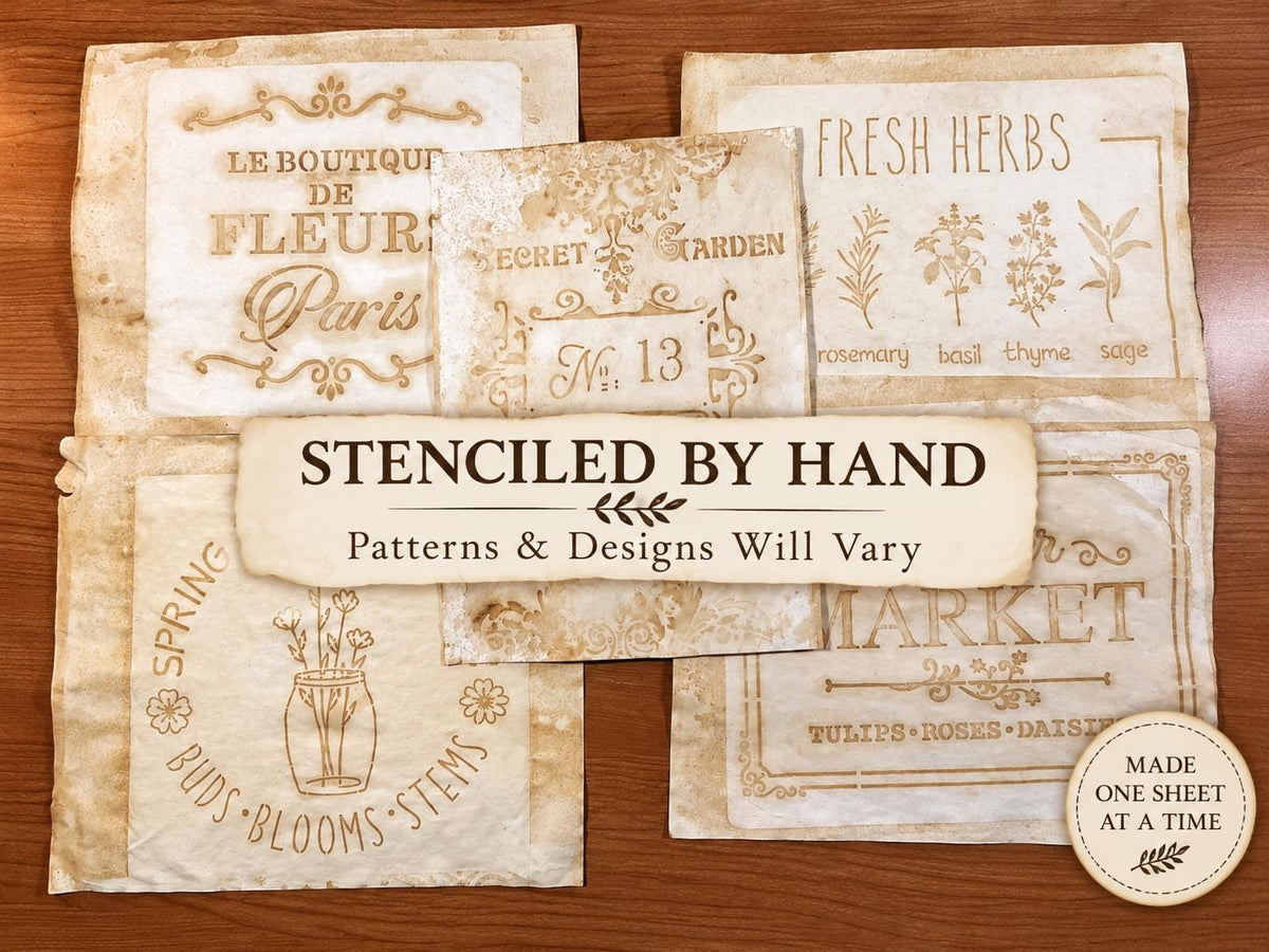 Coffee Dyed Paper & Tea Dyed Paper for Junk Journals | Handmade Stenciled, Mottled, Aged, Vintage Paper With Ephemera Pack