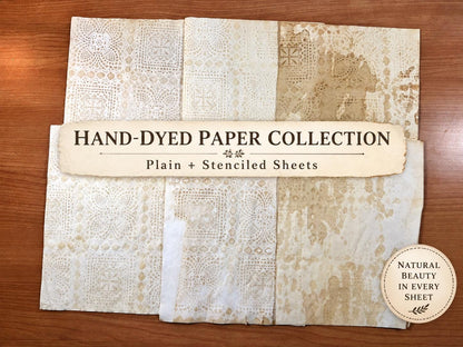 Hand Dyed Coffee Junk Journal Paper, Tea-Stained Paper, Stenciled, Mottled, Vintage Craft Ephemera, Bulk Paper Packs 5-500 Sheets