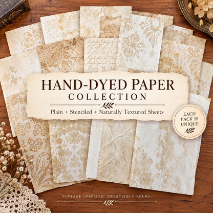 Coffee Dyed Paper & Tea Dyed Paper for Junk Journals | Handmade Stenciled, Mottled, Aged, Vintage Paper With Ephemera Pack