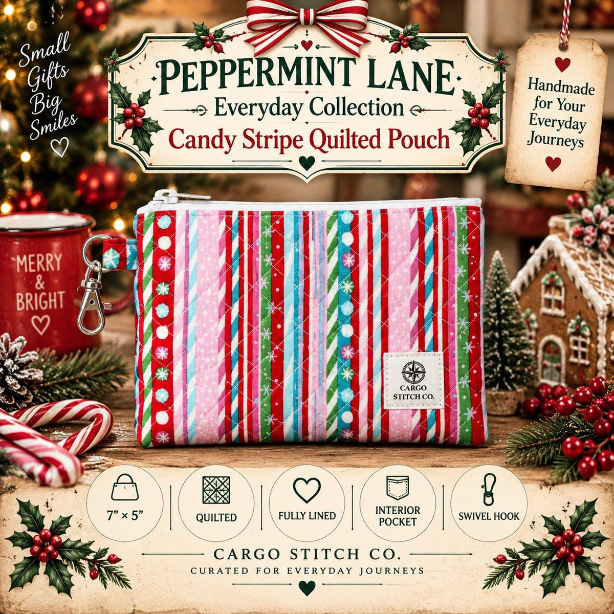 Candy Cane Quilted Zipper Pouch | Peppermint Lane Christmas Pouch | Small Project Bag | Stocking Stuffer | Handmade Gift