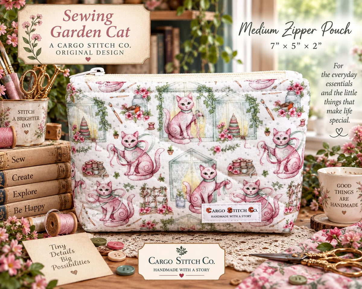 Sewing Garden Cat Quilted Zipper Pouch, Medium Makeup Bag, Sewing Notions Pouch, Handmade Cat Gift, Cottagecore Organizer