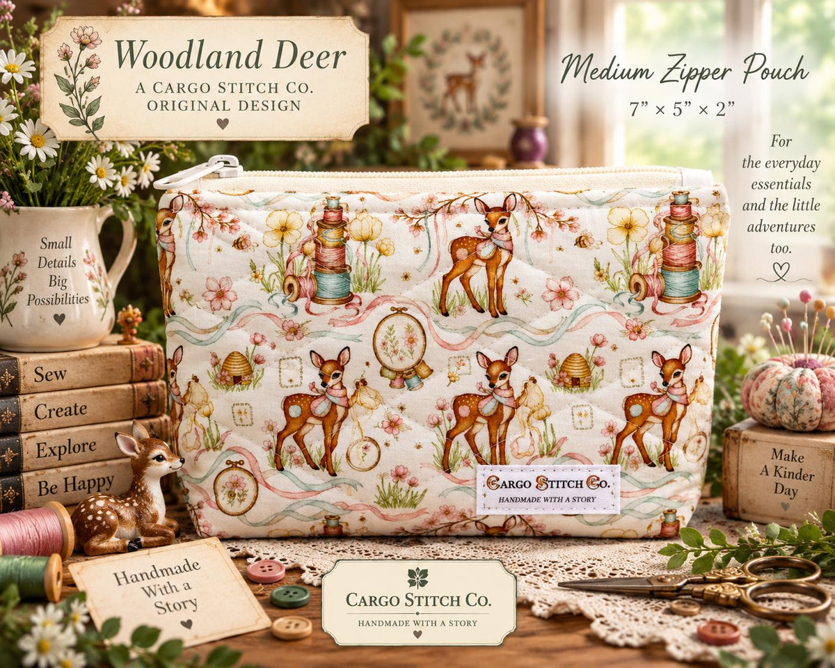 Woodland Deer Quilted Zipper Pouch, Medium Makeup Bag, Sewing Notions Pouch, Cottagecore Deer Gift, Handmade Organizer