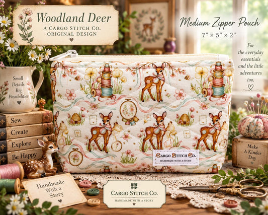 Woodland Deer Quilted Zipper Pouch, Medium Makeup Bag, Sewing Notions Pouch, Cottagecore Deer Gift, Handmade Organizer