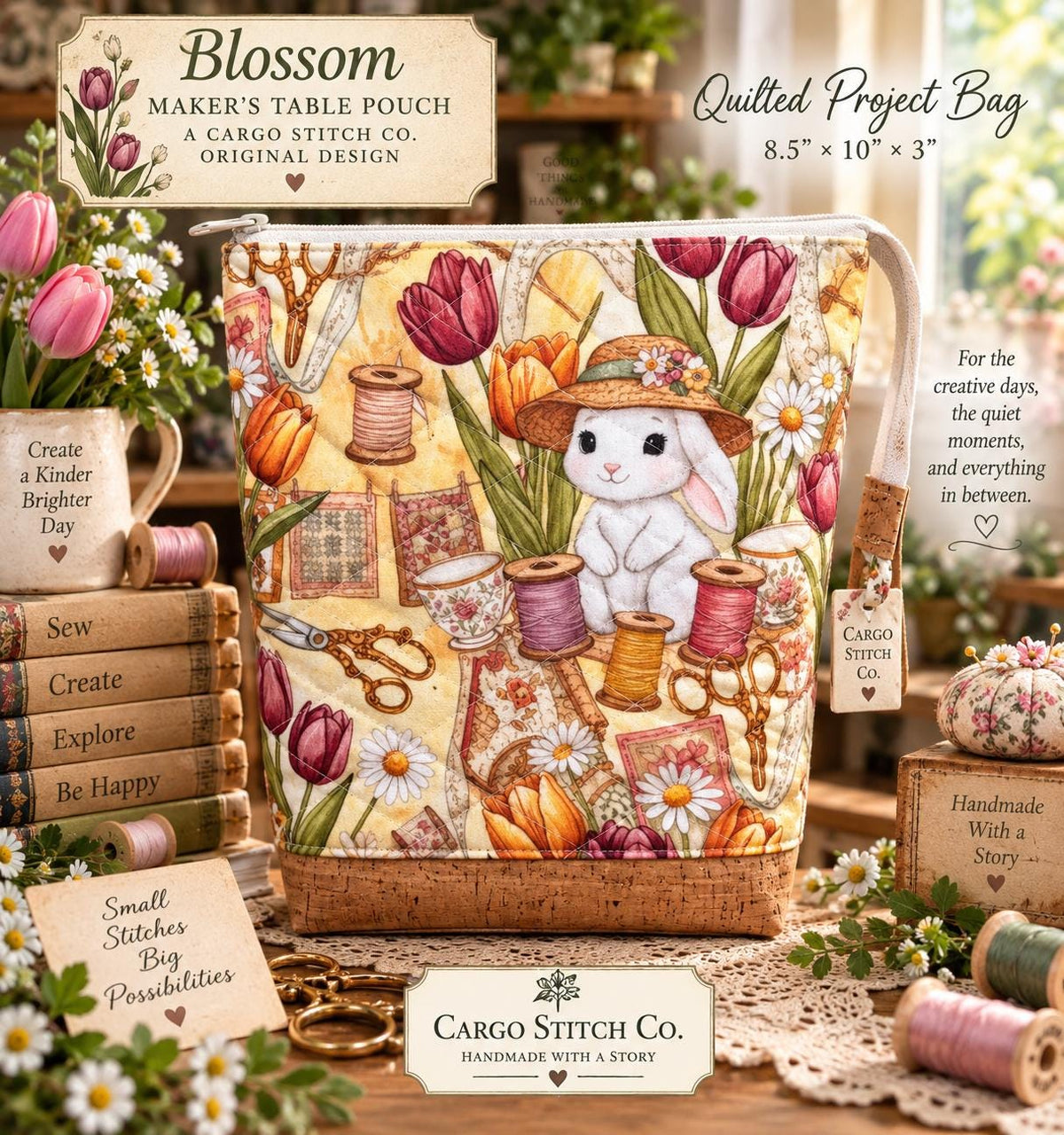 Blossom Bunny Quilted Project Bag, Large Sewing Notions Pouch, Maker Bag with Cork Base, Handmade Craft Organizer