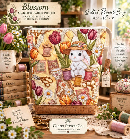 Blossom Bunny Quilted Project Bag, Large Sewing Notions Pouch, Maker Bag with Cork Base, Handmade Craft Organizer