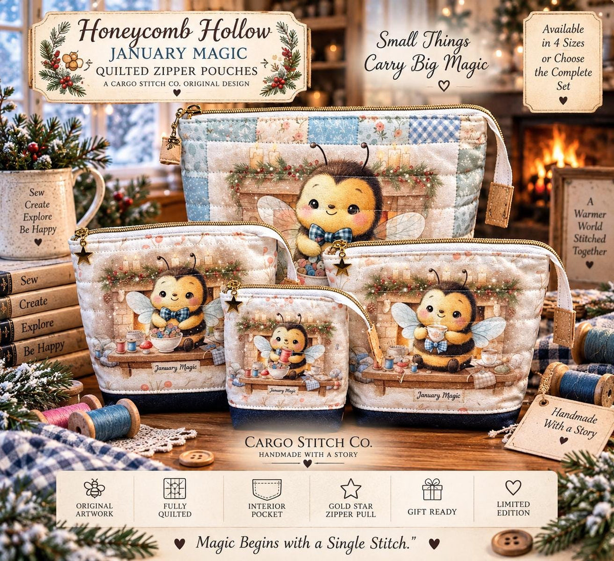 Honeycomb Hollow January Magic Quilted Zipper Pouch, Bee Project Bag, Sewing & Craft Organizer, Handmade Limited Edition