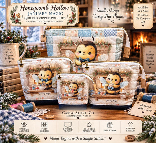 Honeycomb Hollow January Magic Quilted Zipper Pouch, Bee Project Bag, Sewing & Craft Organizer, Handmade Limited Edition