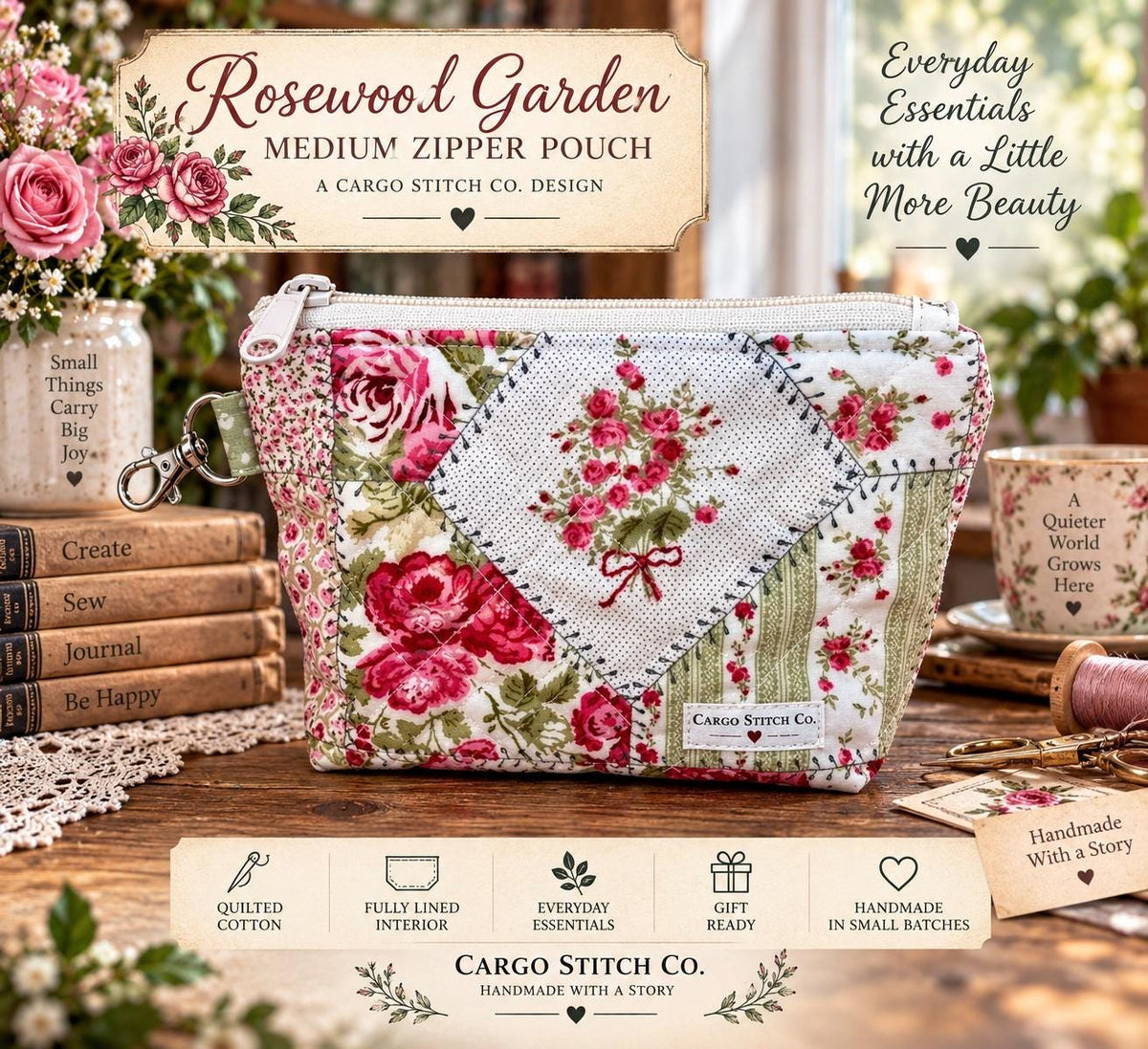 Rosewood Garden Quilted Zipper Pouch, Medium Floral Makeup Bag, Handmade Cosmetic Bag, Sewing & Craft Organizer