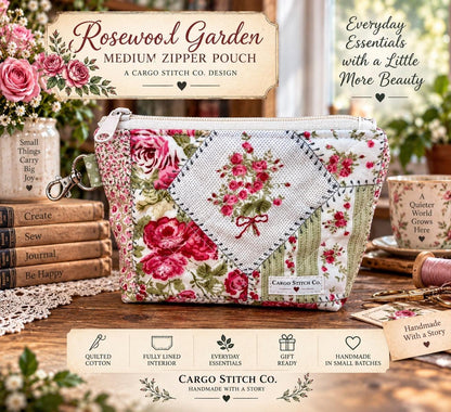 Rosewood Garden Quilted Zipper Pouch, Medium Floral Makeup Bag, Handmade Cosmetic Bag, Sewing & Craft Organizer