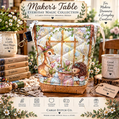 Daisy & Thimble Quilted Project Pouch – Woodland Sewing Bag, Maker Gift, Journal and Craft Organizer