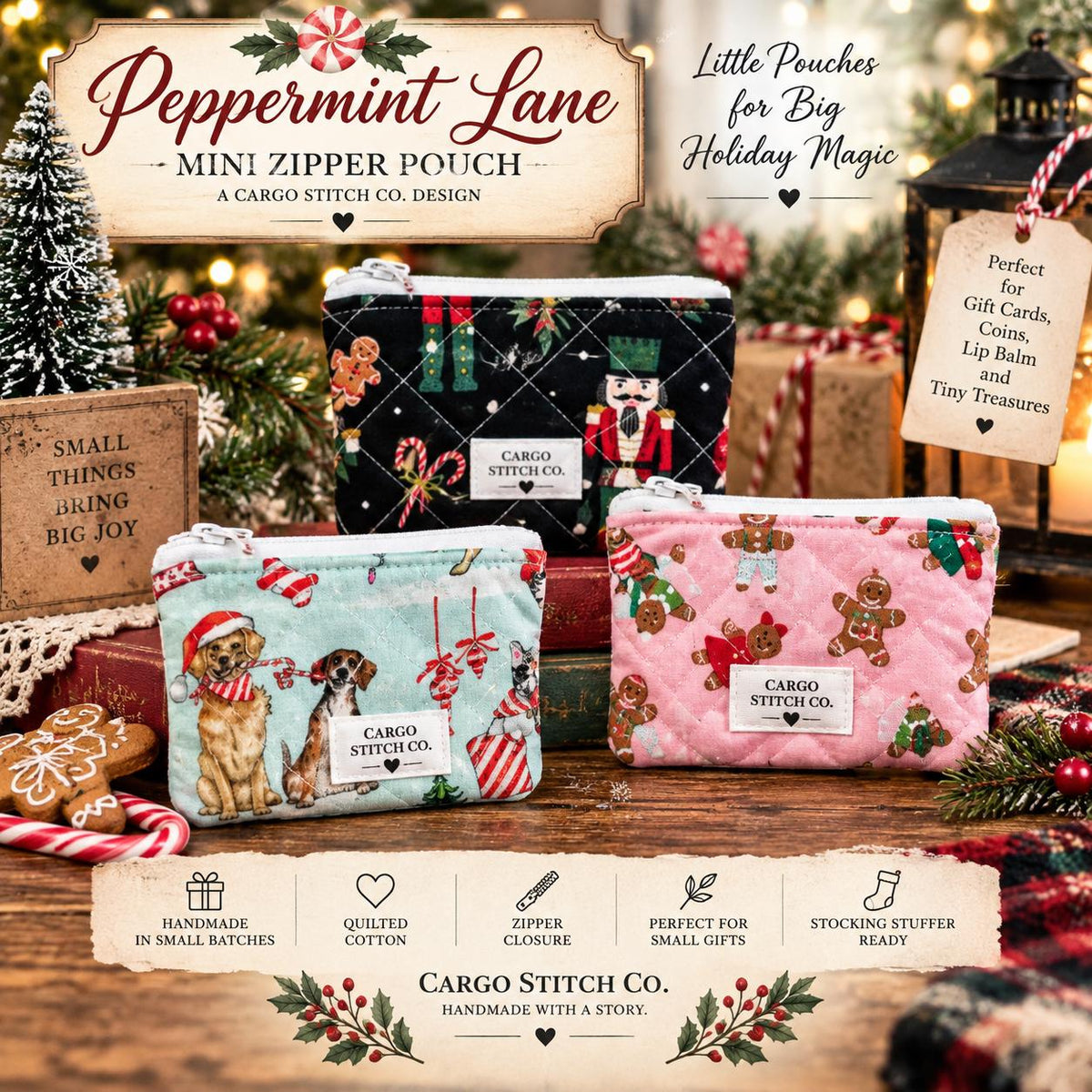 Mini Christmas Zipper Pouch, Quilted Stocking Stuffer, Gift Card Holder, Peppermint Lane Holiday Pouch