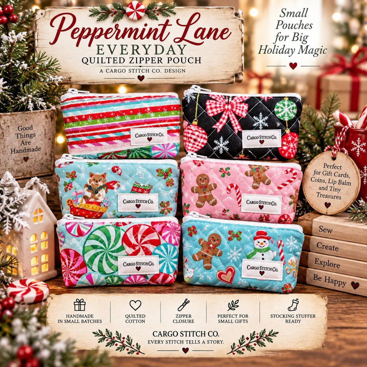 Christmas Zipper Pouch, Handmade Quilted Mini Pouch, Stocking Stuffer, Gift Card Holder, Peppermint Lane