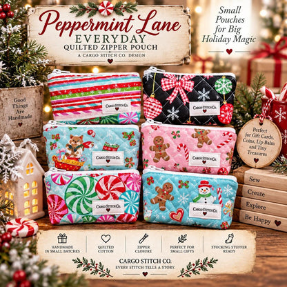 Christmas Zipper Pouch, Handmade Quilted Mini Pouch, Stocking Stuffer, Gift Card Holder, Peppermint Lane