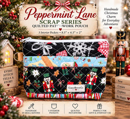 Christmas Patchwork Zipper Pouch, Quilted Organizer Bag with Pockets, Handmade Christmas Gift, Peppermint Lane