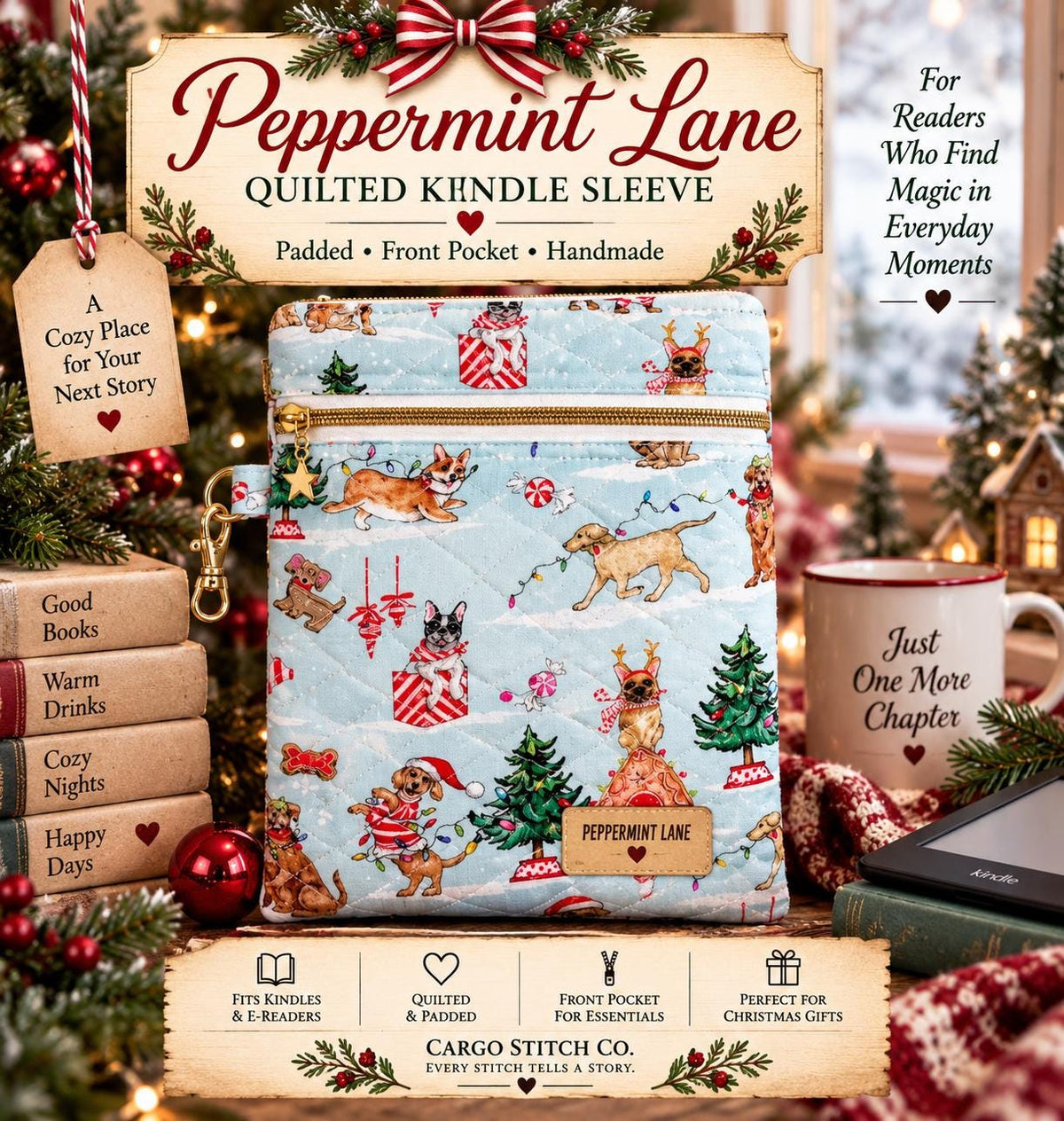 Kindle Sleeve with Pocket, Quilted E Reader Case, Christmas Kindle Cover, Holiday Dogs, Peppermint Lane