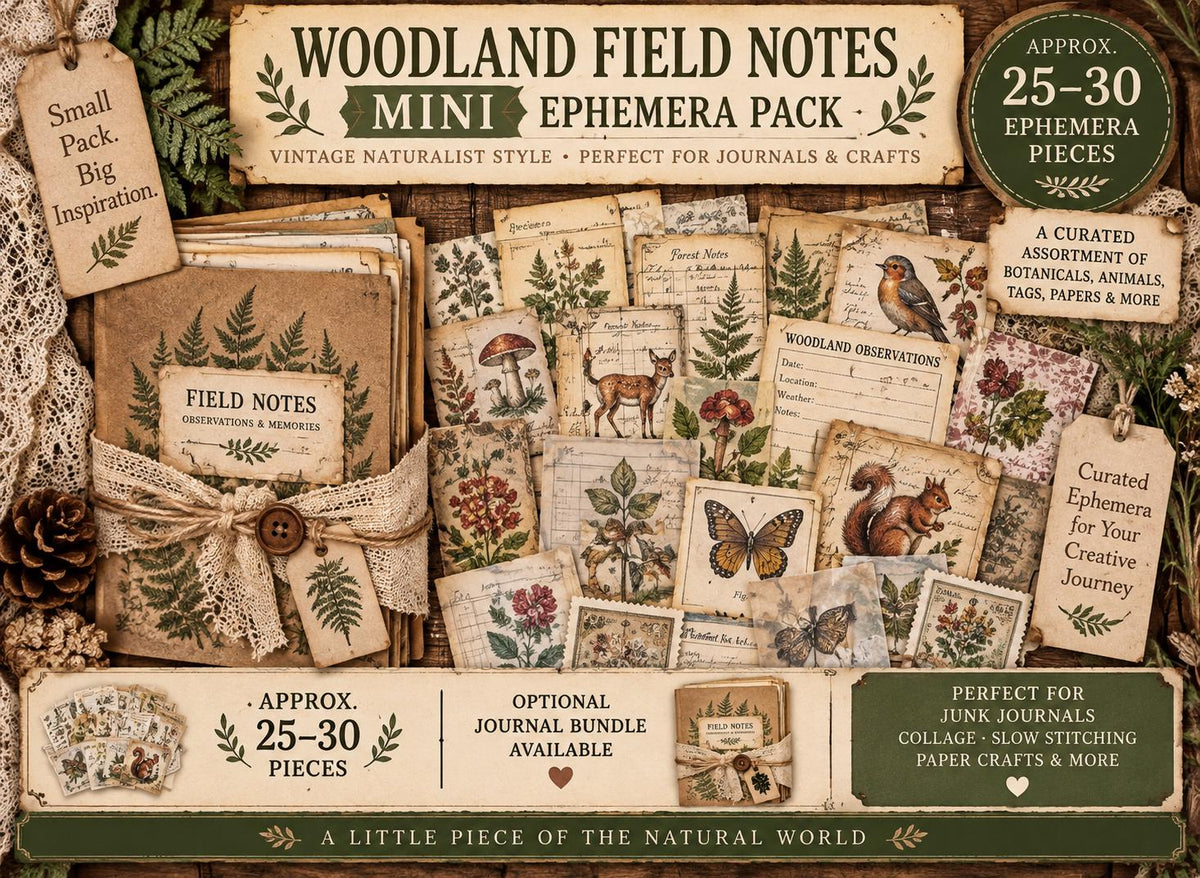 Mini Woodland Field Notes Bundle | Handmade Journal & Ephemera Collection| Botanical Nature Craft Kit, Vintage Naturalist Paper