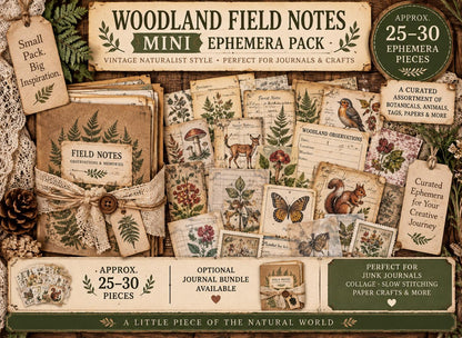 Mini Woodland Field Notes Bundle | Handmade Journal & Ephemera Collection| Botanical Nature Craft Kit, Vintage Naturalist Paper