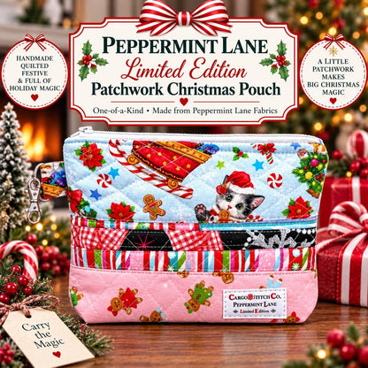 Patchwork Christmas Zipper Pouch | Peppermint Lane Limited Edition | Quilted Holiday Project Bag | Handmade Christmas Gift