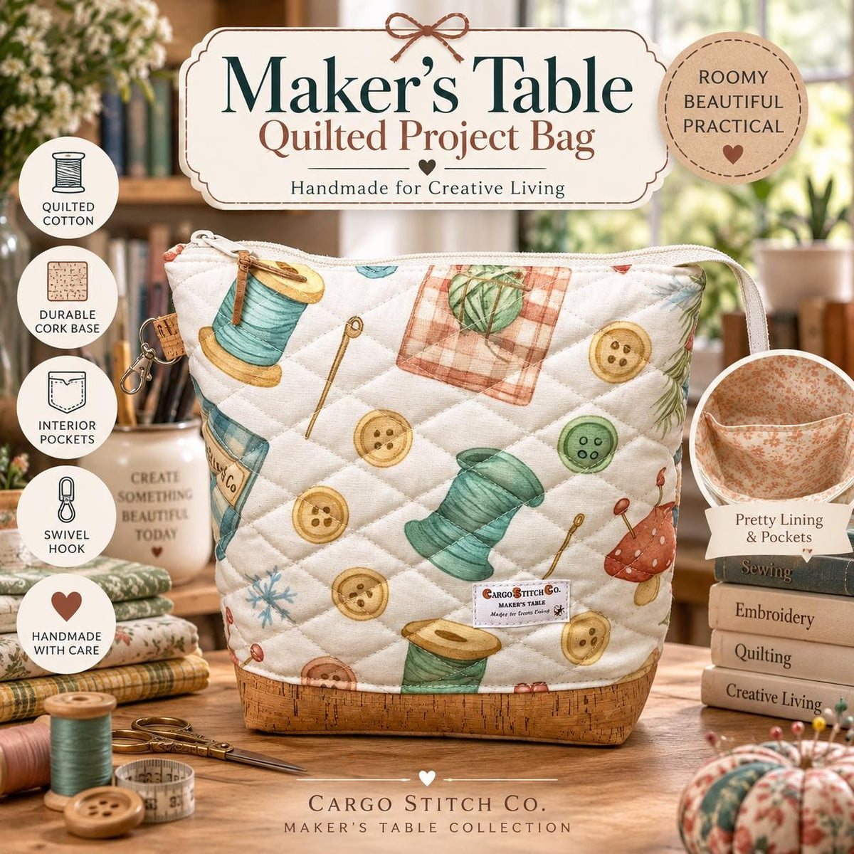 Quilted Sewing Project Bag | Maker’s Table Large Craft Organizer | Cork Bottom Zipper Pouch | Gift for Sewist & Quilter