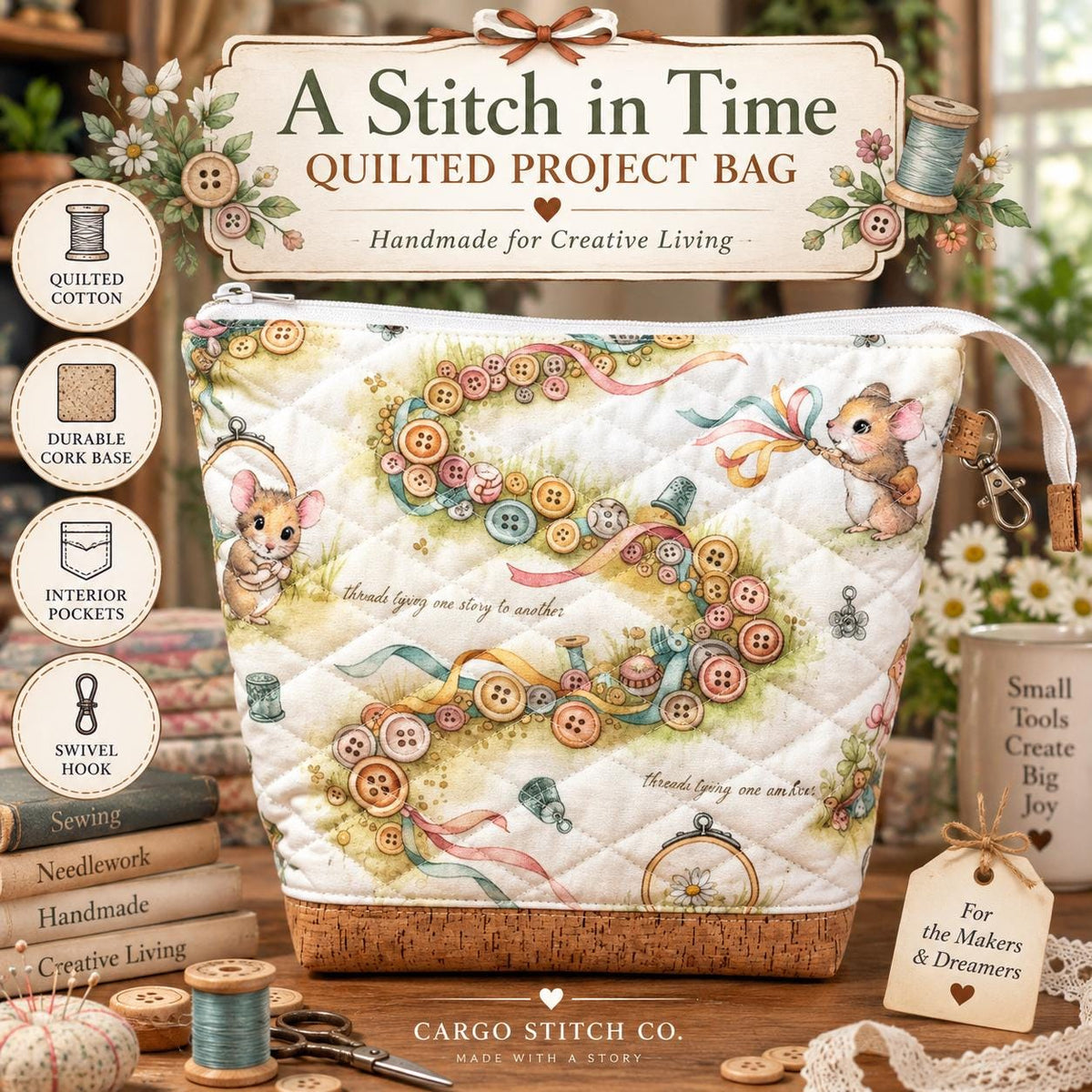 Quilted Sewing Project Bag | A Stitch in Time Maker’s Table Bag | Large Craft Organizer | Gift for Sewist & Quilter