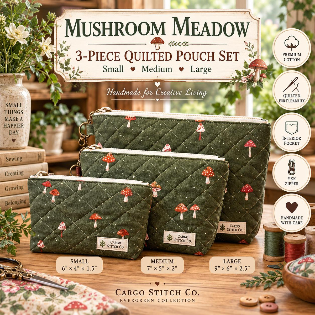 3 Piece Quilted Zipper Pouch Set | Mushroom Project Bags | Handmade Craft Organizer Set | Gift for Sewist & Mushroom Lover