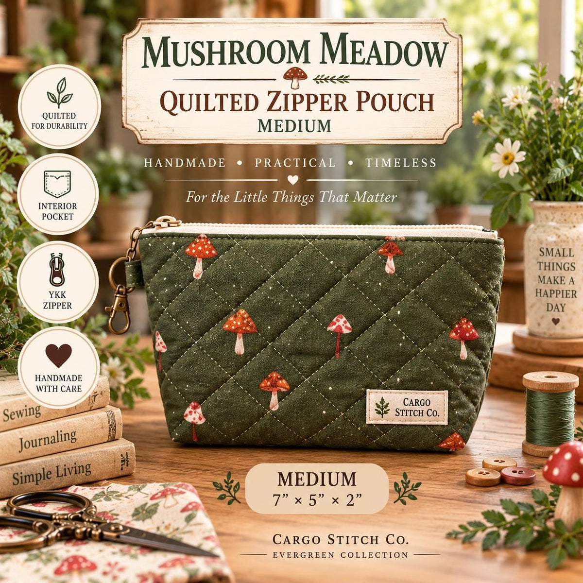 Mushroom Meadow Junk Journal Supply Pouch | Quilted Zipper Organizer for Pens, Ephemera & Craft Supplies