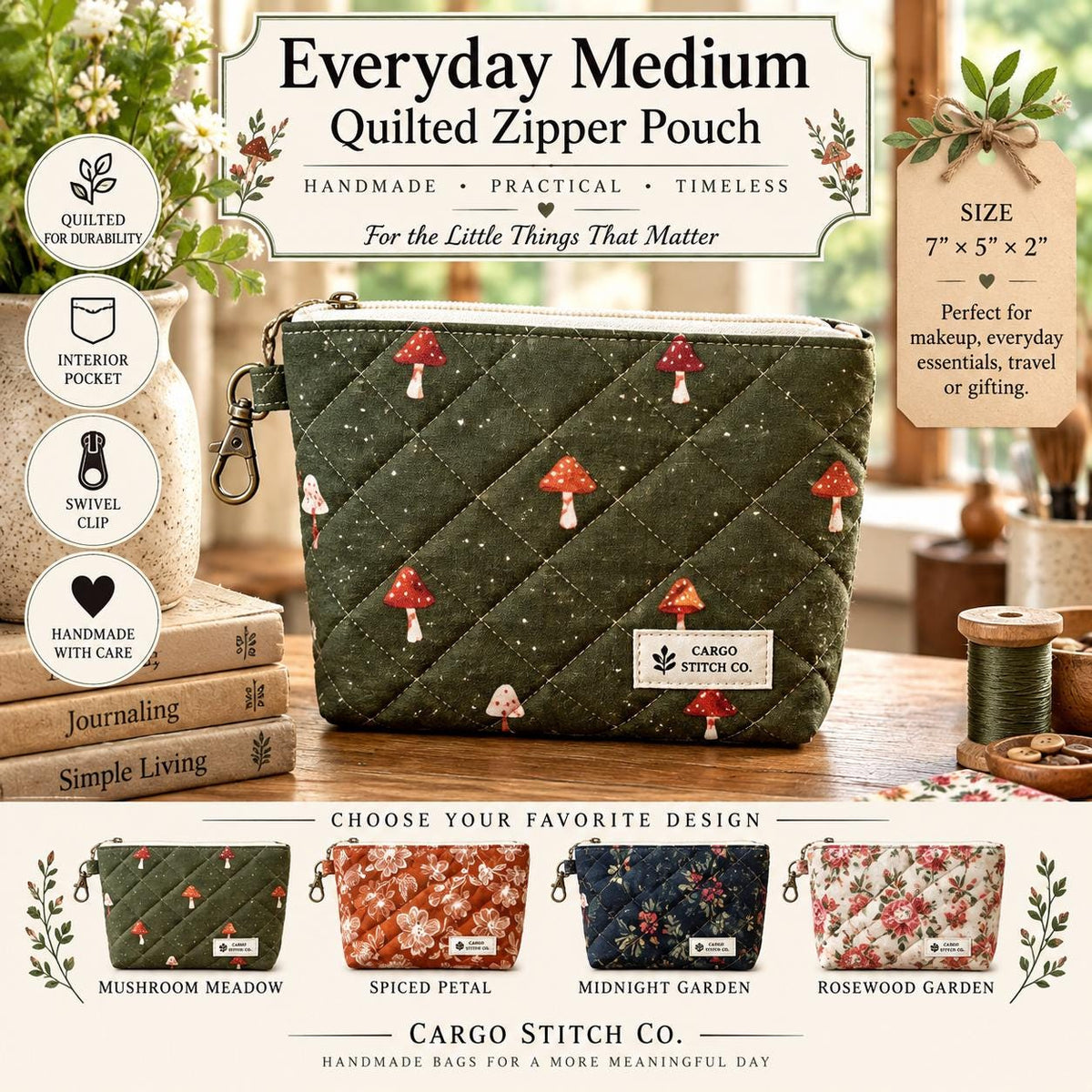 Medium Quilted Zipper Pouch | Handmade Makeup & Travel Organizer | Purse Essentials Bag | Craft Notions Pouch with Pocket