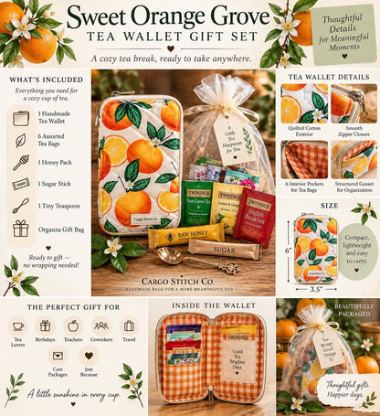 Tea Wallet Gift Set | Handmade Quilted Tea Bag Holder | Tea Lover Gift | Travel Tea Organizer | Sweet Orange Grove