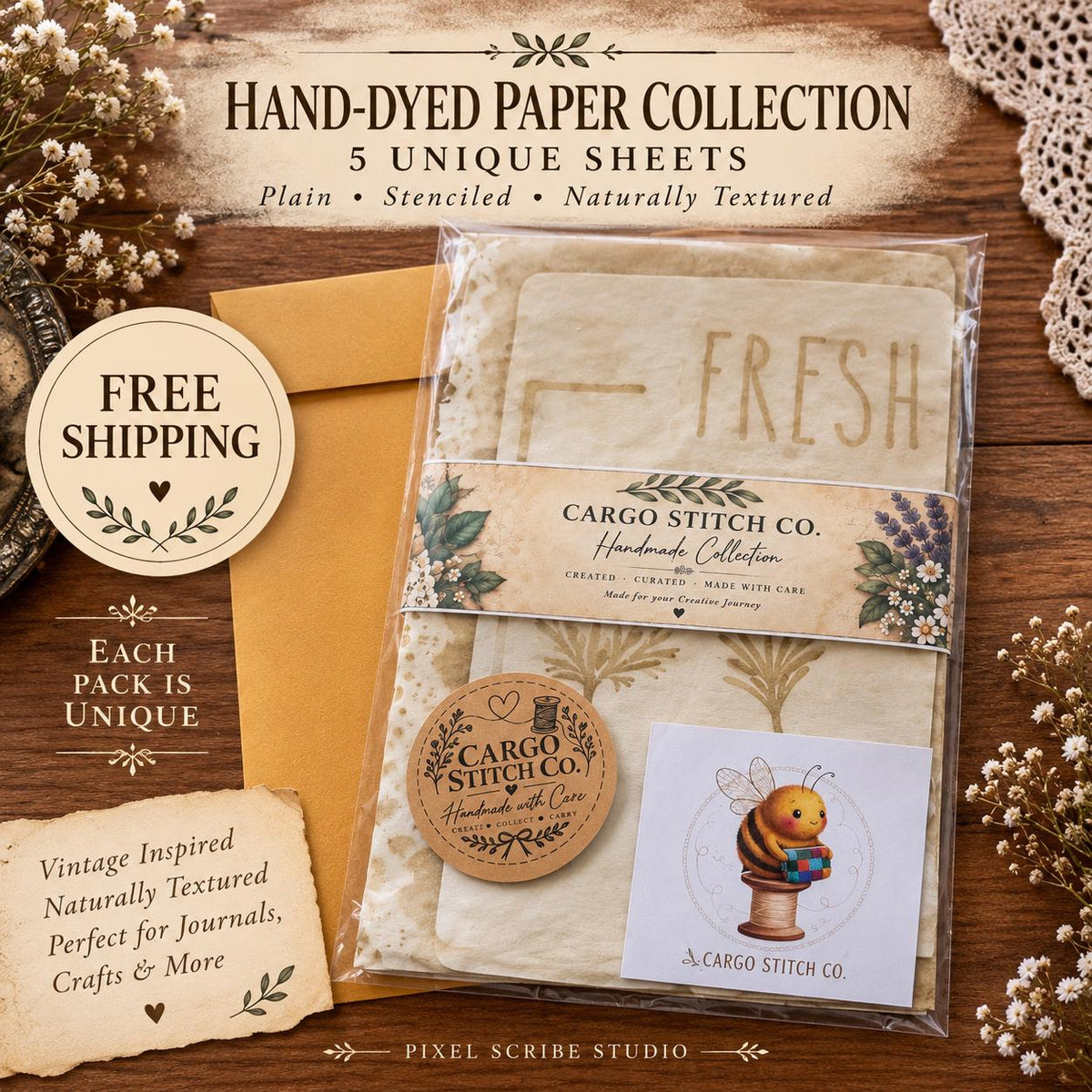 Hand Dyed Coffee Junk Journal Paper, Tea-Stained Paper, Stenciled, Mottled, Vintage Craft Ephemera, Bulk Paper Packs 5-500 Sheets