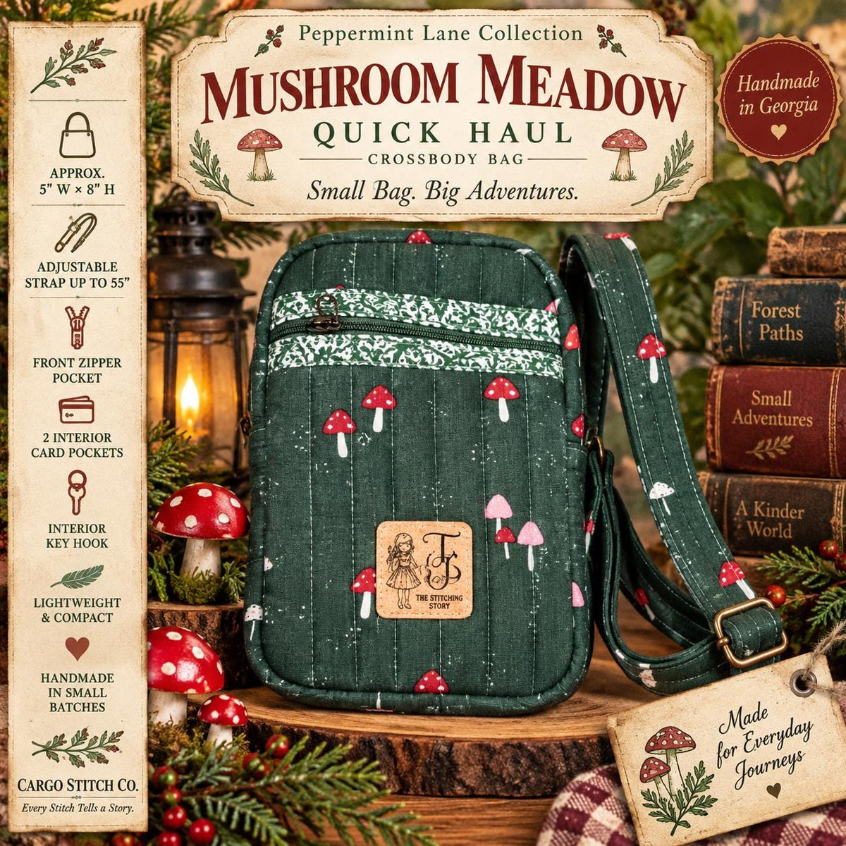Mushroom Crossbody Bag, Quilted Small Purse, Peppermint Lane Quick Haul, Handmade Woodland Bag