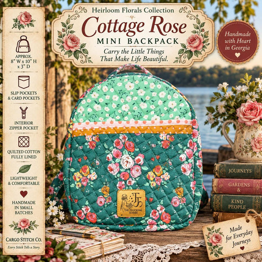 Cottage Rose Mini Backpack, Quilted Floral Backpack, Small Handmade Bag, Heirloom Florals