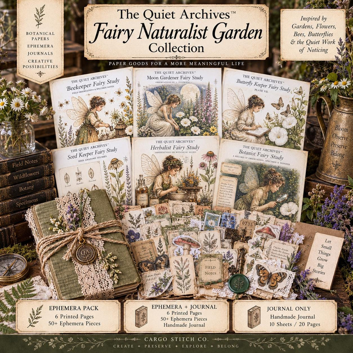 Fairy Naturalist Garden Junk Journal Ephemera Pack, The Quiet Archives, Botanical Fairy Papers, Handmade Journal Bundle