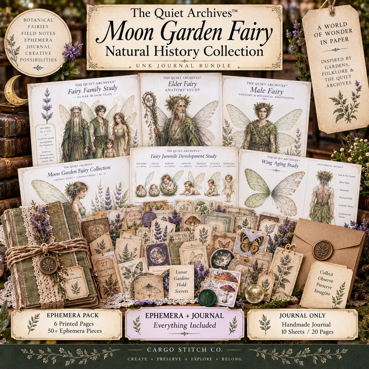 Moon Garden Fairy Junk Journal Ephemera Pack | Fairy Natural History Pages | Handmade Journal Bundle | The Quiet Archives