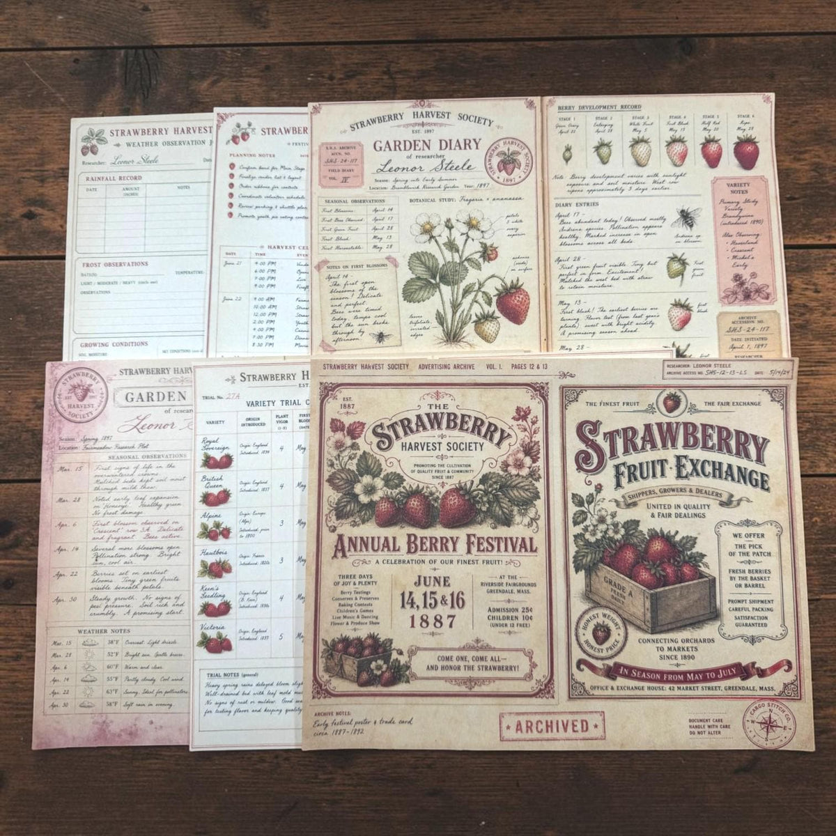 Strawberry Harvest Society Garden Records | Junk Journal Ephemera Pack | Vintage Strawberry Botanical Papers | Handmade Journal
