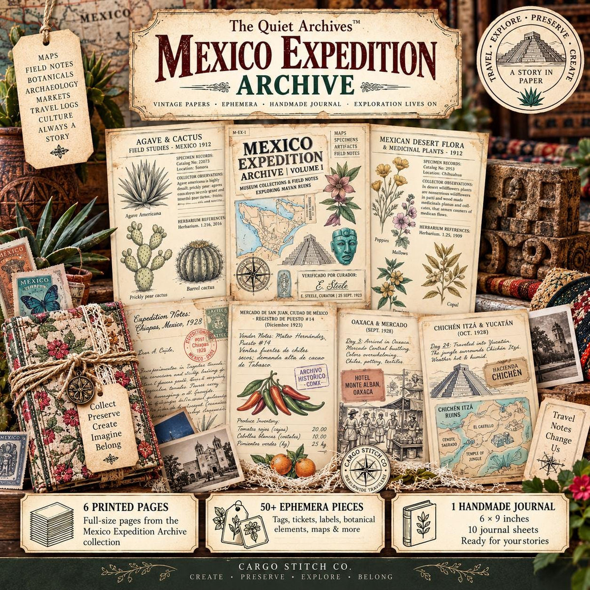 Mexico Expedition Archive Junk Journal Ephemera Pack | Vintage Travel Field Notes | Mexico Botanical & Archaeology Paper Collection