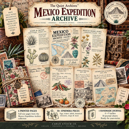 Mexico Expedition Archive Junk Journal Ephemera Pack | Vintage Travel Field Notes | Mexico Botanical & Archaeology Paper Collection