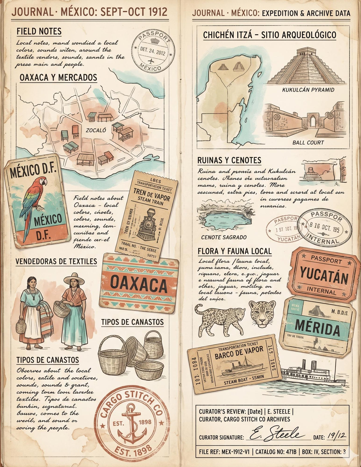 Mexico Expedition Archive Junk Journal Ephemera Pack | Vintage Travel Field Notes | Mexico Botanical & Archaeology Paper Collection