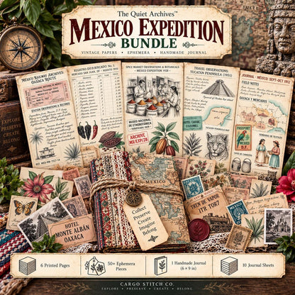 Mexico Expedition Archive Junk Journal Ephemera Pack | Vintage Travel Field Notes | Mexico Botanical & Archaeology Paper Collection