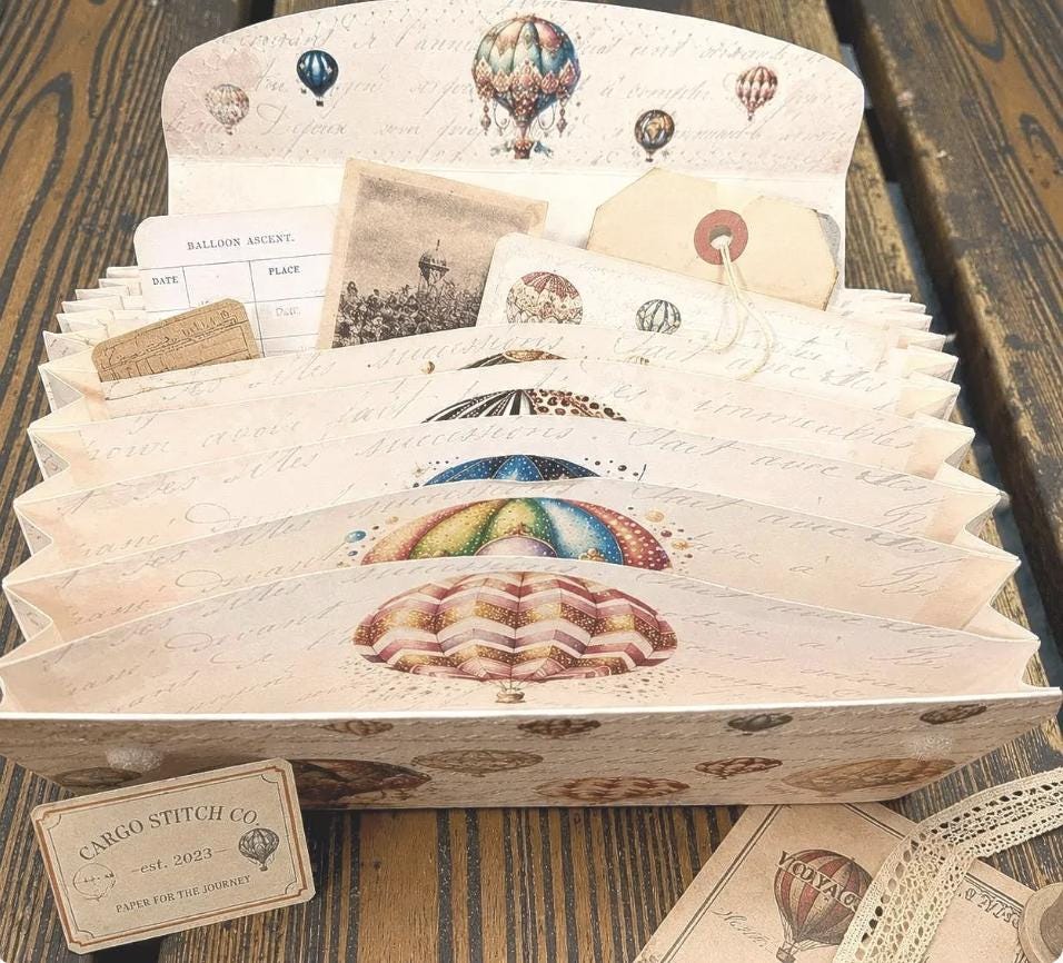 Hot Air Balloon Accordion File Folder, 17 Pocket Ephemera Organizer, Junk Journal Storage, Handmade Paper Clutch