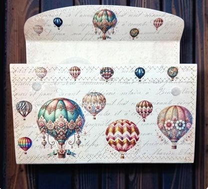 Hot Air Balloon Accordion File Folder, 17 Pocket Ephemera Organizer, Junk Journal Storage, Handmade Paper Clutch