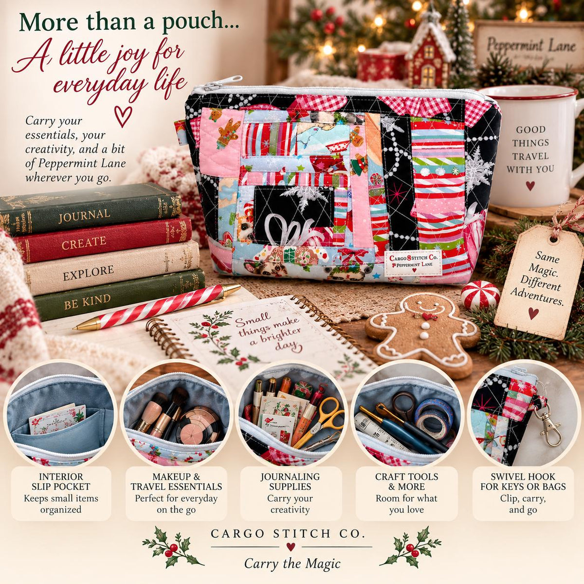 Peppermint Lane Patchwork Quilted Bag, Christmas Zipper Pouch, Handmade Holiday Makeup Bag, Travel & Craft Organizer, Limited Edition