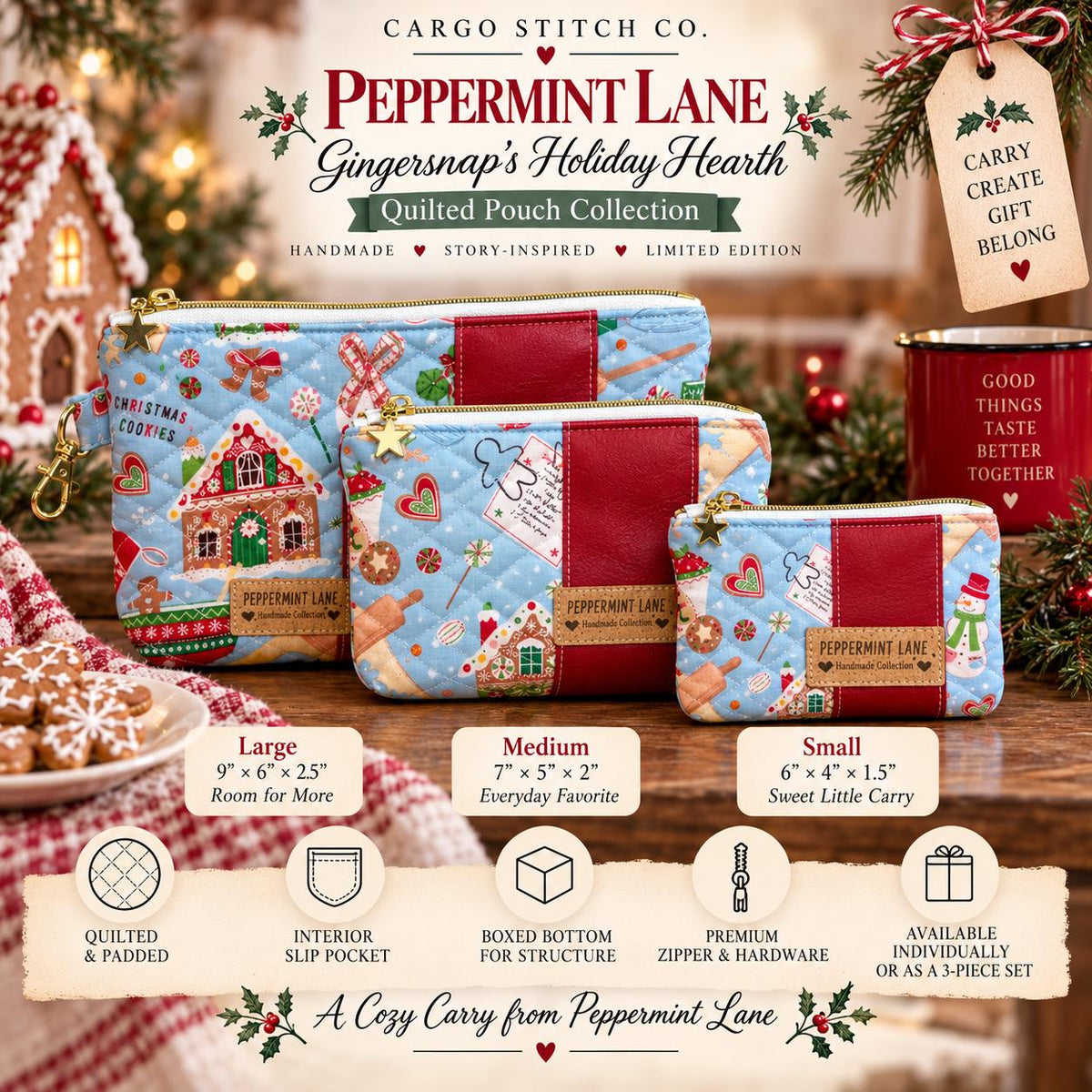 Gingerbread Christmas Quilted Pouch | Peppermint Lane Zipper Bag | Handmade Holiday Makeup Bag | Small Medium Large