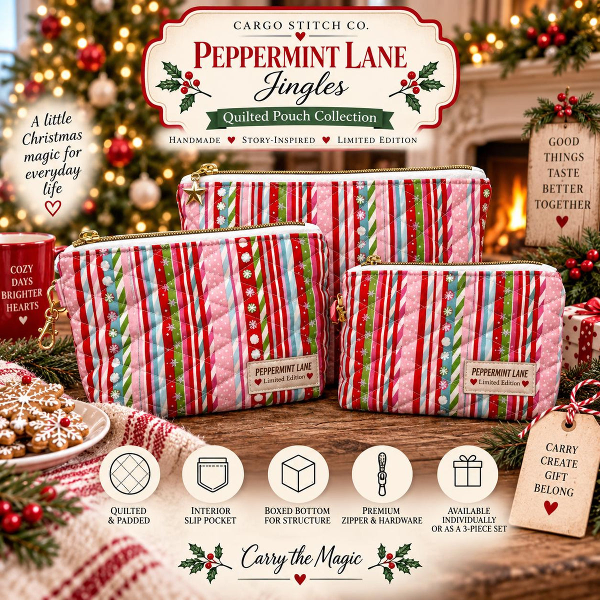 Christmas Quilted Zipper Pouch | Peppermint Lane Jingle | Handmade Holiday Makeup Bag | Small Medium Large