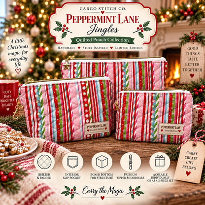 Christmas Quilted Zipper Pouch | Peppermint Lane Jingle | Handmade Holiday Makeup Bag | Small Medium Large